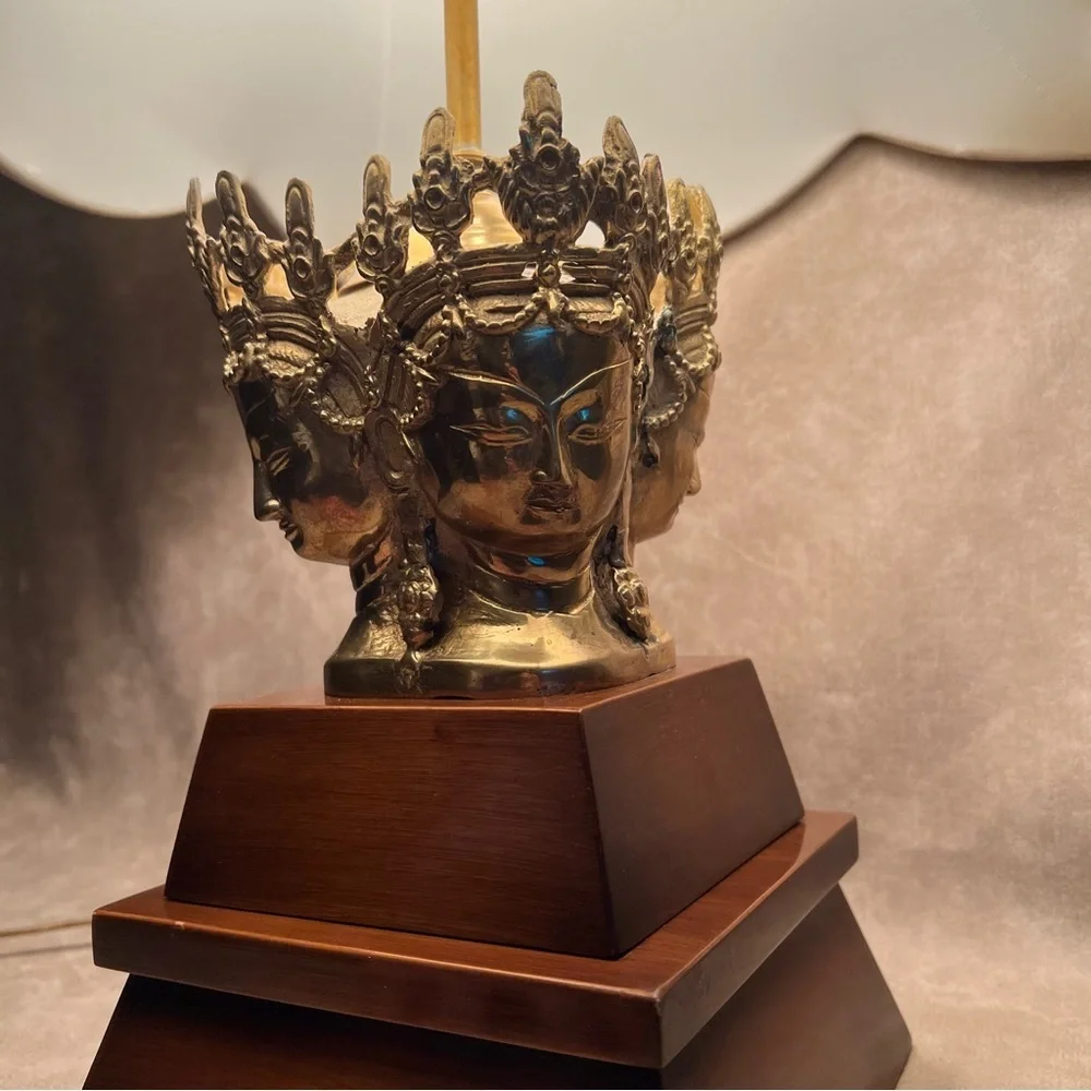 Vintage Table Lamp with Crowned Asian Faces in Brass on Wood Base